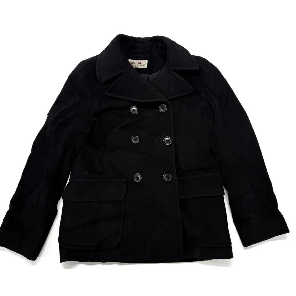 Michael Kors Womens Pea Coat 100%‎ Wool Black Buttons Size 6 Classic Military